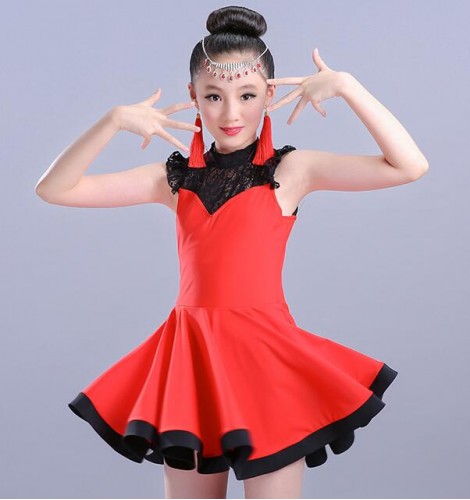 Girls latin dresses kids children red orange light pink black lace ...