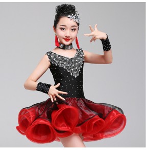 Girls latin dresses stones black and red ballroom competition stage performance chacha rumba salsa dance dresses