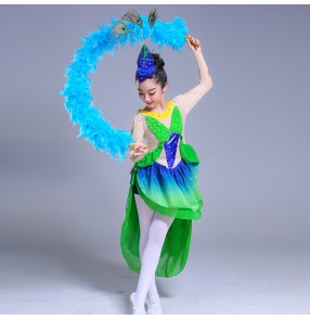 Girls modern dance ballet dance dresses green pink kids children stage latin performance for swan lake competition skating dancing dresses