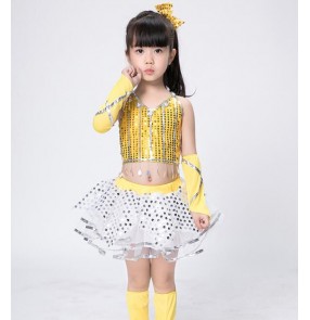  Girls modern dance jazz dresses yellow black sequined modern dance ds dj singers hiphop jazz stage performance costumes outfits