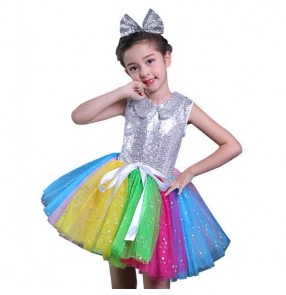 Girls modern dance singers dresses sequined silver dj jazz kids toddles school competition outfits
