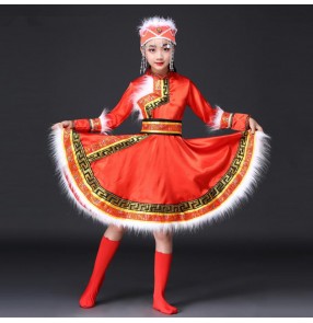 Girls national Folk dance Mongolian dance dresses kids children red stage performance minority cosplay folk dance robes outfits