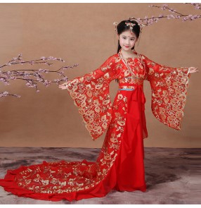 Girls red Chinese folk dance dresses children kids girl's ancient classical traditional princess children empress film cosplay dancing robes costumes