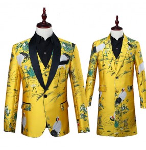 Gold birds flowers pattern china style yellow men's male singers dance party stage performance dancers host groomsman blazers coats