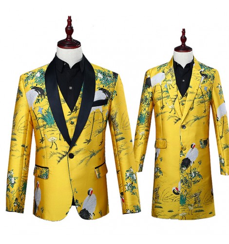 Gold birds flowers pattern china style yellow men's male singers dance ...