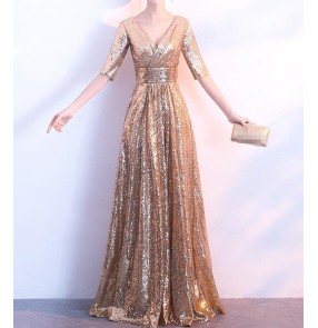 Gold black sequined glitter v neck Short sleeves fashion women's wedding party bridesmaid model show performance dresses vestidos de noche