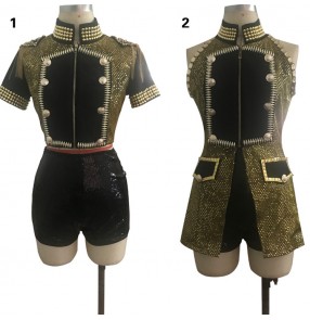 Gold black sequined patchwork fashion women's girls lead dancers cheerleaders singers performance competition dance costumes outfits