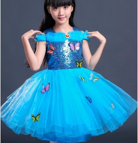 Gold blue Modern dance ballet dance girl's kids children sequined jazz singers dancers stage performance flower girls cosplay party dancing dresses costumes