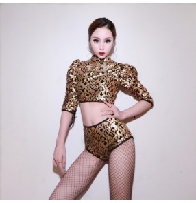Gold embroidery pattern shiny women's female competition stage performance jazz singers cheer leading lead dancers dancing outfits costumes