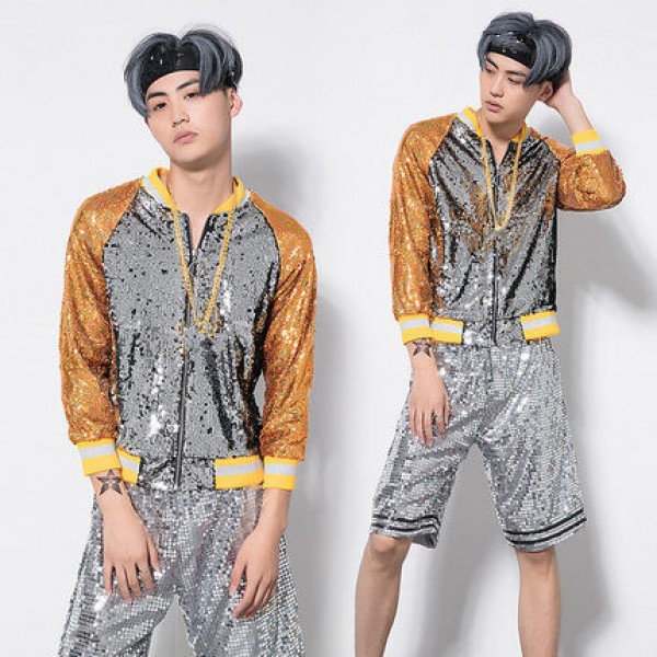 Gold silver sequined patchwork men's growth fashion modern street dance ...