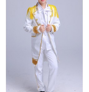 Gold white hiphop jazz dance singers stage performance boy's kids children modern dance hiphip drummer competition costumes outfits