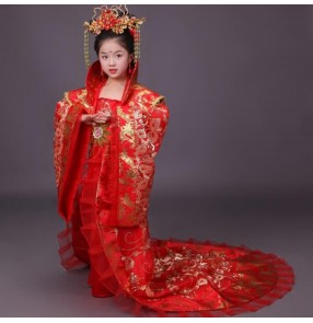 Gold yellow girl's children chinese ancient classical folk dance costumes Tang Dynasty queen princess fairy film cosplay stage performance dresses