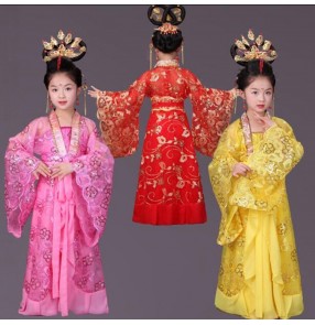 Gold yellow red pink girl's Children kids Chinese Folk dance ancient classical traditional princess han film drama performance cosplay dancing dresses