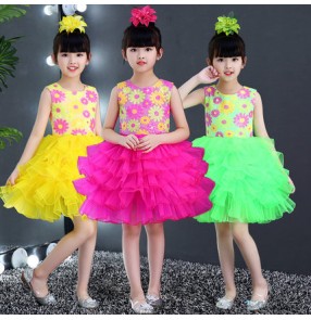 Green fuchsia yellow gold girl's kids children performance jazz singers flower girls princess modern dance costumes dresses