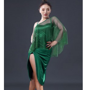 Green inclined shoulder sexy fashion women's competition stage performance professional ballroom latin salsa cha cha dance dresses