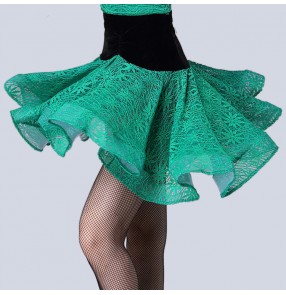 Green lace  with black velvet patchwork ruffles hem women's female competition professional latin salsa cha cha dance skirts