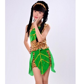 Green leaves tiger boy's kids children African Original Indian Savage Costume wild Cosplay Carnival Costumes Fancy Dresses Party Decoration dresses