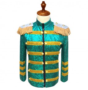 Green sequined paillette long sleeves men's men's stage host chorus performance night club jazz singers dj ds lead dancers coats blazers