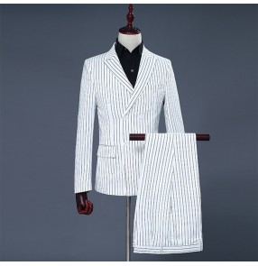 Groomsman blazers White striped long sleeves men's male performance jazz singers host host dancing blazers and pants