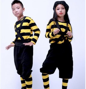 Hiphop popping street dance girl's kids boys children yellow striped modern dance stage performance competition hip hop dancing suspender outfits costumes
