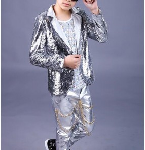 Jazz dance costumes boy's kids children show drummer stage performance singers dancers host competition dance jacket pants t shirts