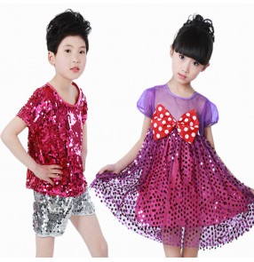 Jazz dance costumes for girls boys pink silver sequined modern dance cheer leaders hiphop school performance outfits