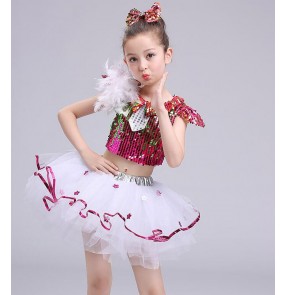 Jazz dance fuchsia blue sequined glitter girl's kids children stage performance singers dancers host party carnival dancing dresses