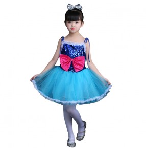 Jazz singers dance dresses for girls kids children turquoise paillette stage performance competition flower girls cosplay outfits