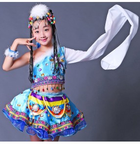 Kid Mongolian national dance costumes girls children stage performance competition minority folk dancing robes