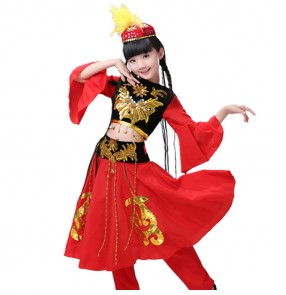 Kids chinese folk dance costumes ancient black and red kids girls ethnic minority Uighur dancers performance dresses