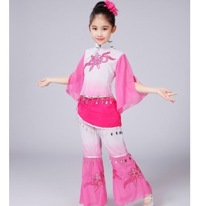 Kids Chinese folk dance costumes girls children green pink blue yangko fan ancient traditional cosplay dancing dresses 