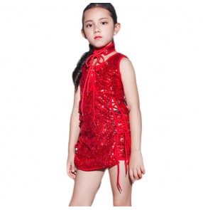 Kids hiphop jazz dance costumes red black silver paillette modern street dance cheerleaders school competition outifts