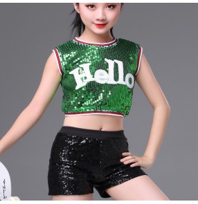 kids hiphop jazz dance outfits girls children silver red green modern dance school competition cheerleaders sequined costumes