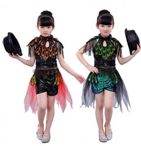 Kids jazz dance costumes girl hiphop red green peacock modern dance sequined singers dancers school performance competition outfits
