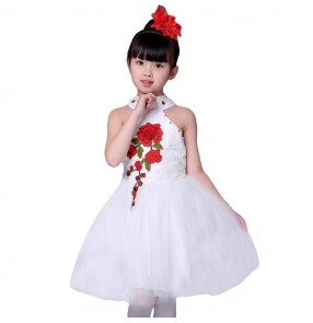 kids jazz dance dress for children girl's school performance flower girls princess red white competition ballet modern dance dresses