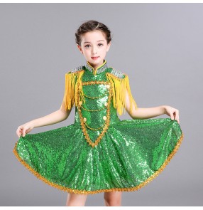 Kids jazz dance dress for children girl's stage performance modern dance green blue red paillette singers chorus dance outfits