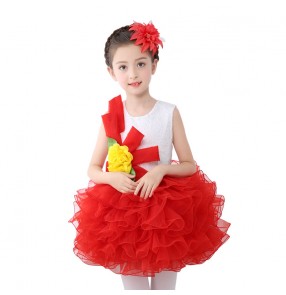 Kids jazz dance dress modern dance flower girls pink red yellow green singers chorus princess ballet performance competition outfits 