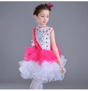 Kids jazz dance dress pink white sequined modern dance singers chorus princess school show competition performance dress