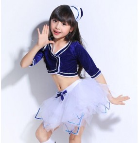Kids jazz dance dress white blue hiphip cheerleaders modern singers chorus stage school performance competition dancing outfits