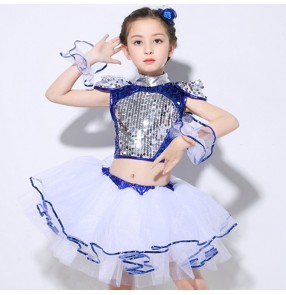 Kids jazz dance dresses for boys girls sequin street dance modern dance show school competition singers princess ballet dancing outfits dresses