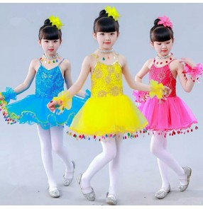 Kids jazz dance dresses  for girls children ballet dresses pink yellow blue stage performance school competition princess  princess show singers dancing outfits
