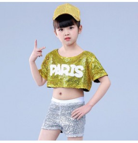 Kids jazz hiphop modern dance outfits costumes sequined cheerleaders show performance singers dancers cosplay outfits