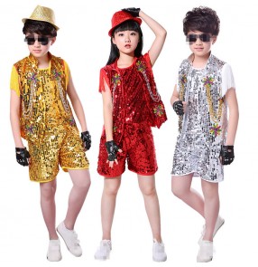 Kids jazz hiphop modern dance outfits singers boys girls red silver gold ds street show stage performance school competition costumes