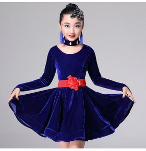Kids latin ballroom dresses competition for girls red pink blue black stage performance salsa chacha rumba dancing outfits costumes