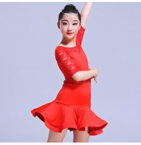 Kids latin dance dresses for girls lace black red performance competition salsa chacha rumba dancing dresses
