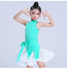 Kids latin dance dresses for girls modern dance competition stage performance black mint salsa chacha rumba dancing outfits