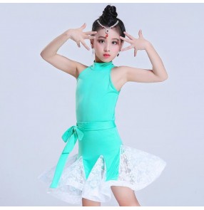 Kids latin dance dresses for girls modern dance competition stage performance black mint salsa chacha rumba dancing outfits