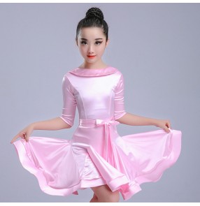 Kids latin dance dresses pink white blue competition girls children stage performance ballroom salsa chacha dance dresses