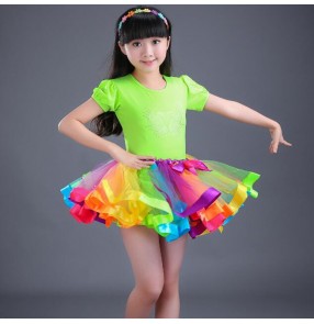 Kids latin dance dresses rainbow colored stage performance chacha rumba salsa modern dance dresses