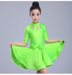 Kids latin dress for children girl's performance competition neon green red black pink blue ballroom salsa rumba dress